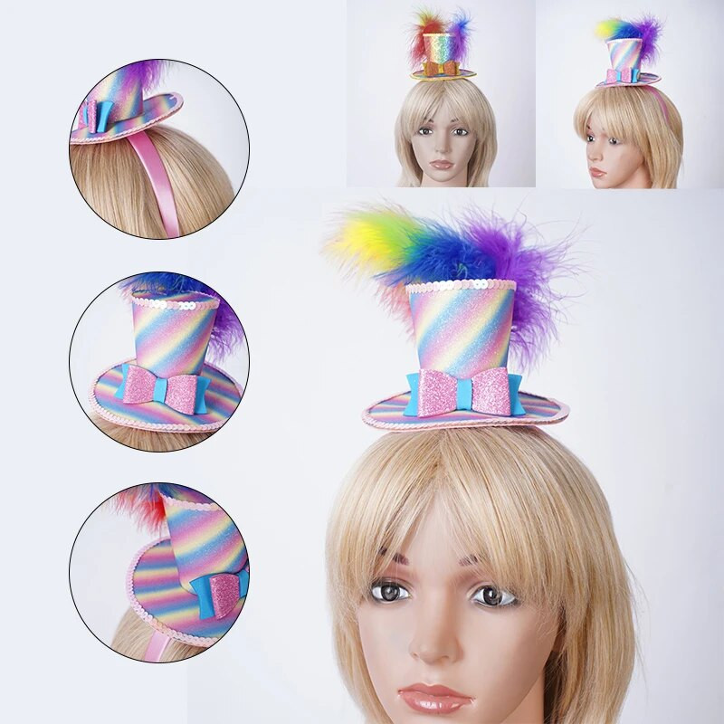 Peomüts Gradient lilla silindrimüts Peapael Halloween Cosplay kokteil Teepeomüts Sädelevad litrid vibu suled Fedorase müts