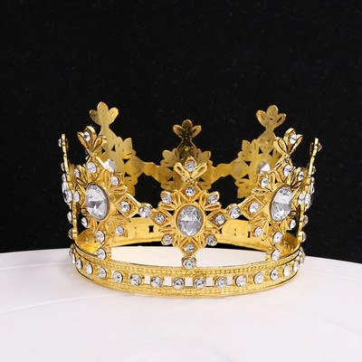 1Pieces Метална кръгла Crown Cake Topper Детска корона за коса с кристали Декорации за торта за тематично парти Декорации за рожден ден