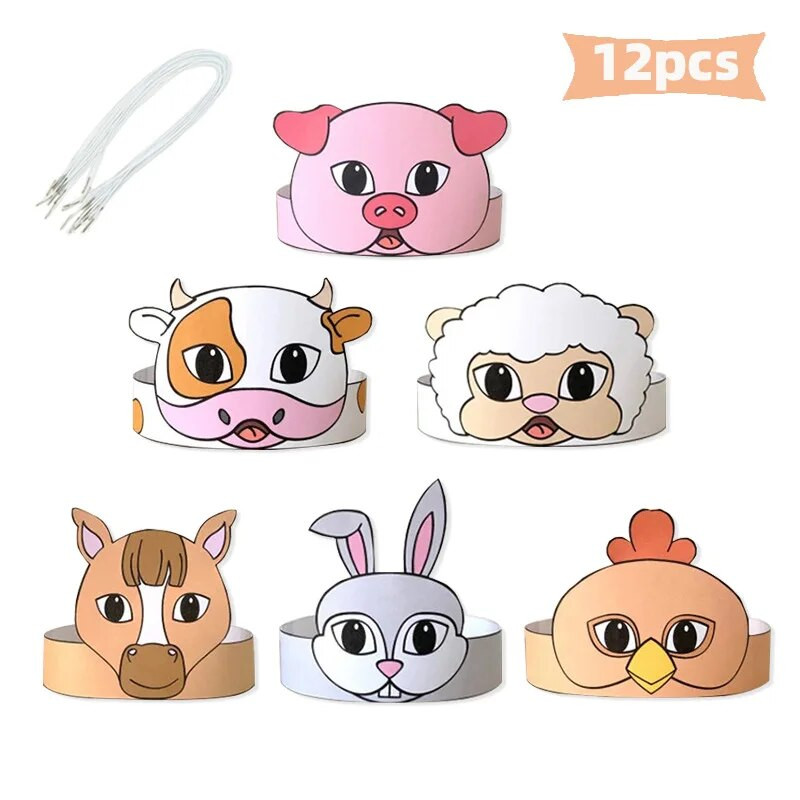 12 bucăți pălărie coroană cu tema animalelor de fermă pentru bebeluși petrecere tematică de naștere pentru copii oi porci găini iepure vite mască accesorii foto