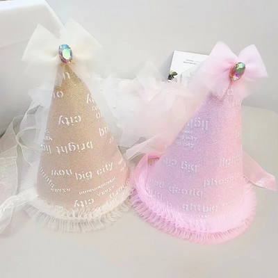 Χρόνια πολλά Δαντελένιο καπέλο Baby Princess and Girl Veil Glitter Party Cap Cap Party Decoration Καπέλο στηρίγματα ντους Δώρο Παιδικά Καπέλα