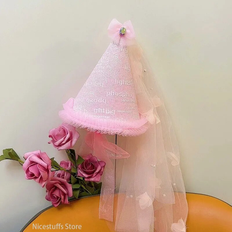 Su gimtadieniu, nėriniuota kepurė Baby Princesė ir mergaitė Veil Blizgučiai Vakarėlio kepuraitė Vakarėlis Dekoracija Skrybėlių rekvizitai Dušo dovanos Vaikiški galvos apdangalai