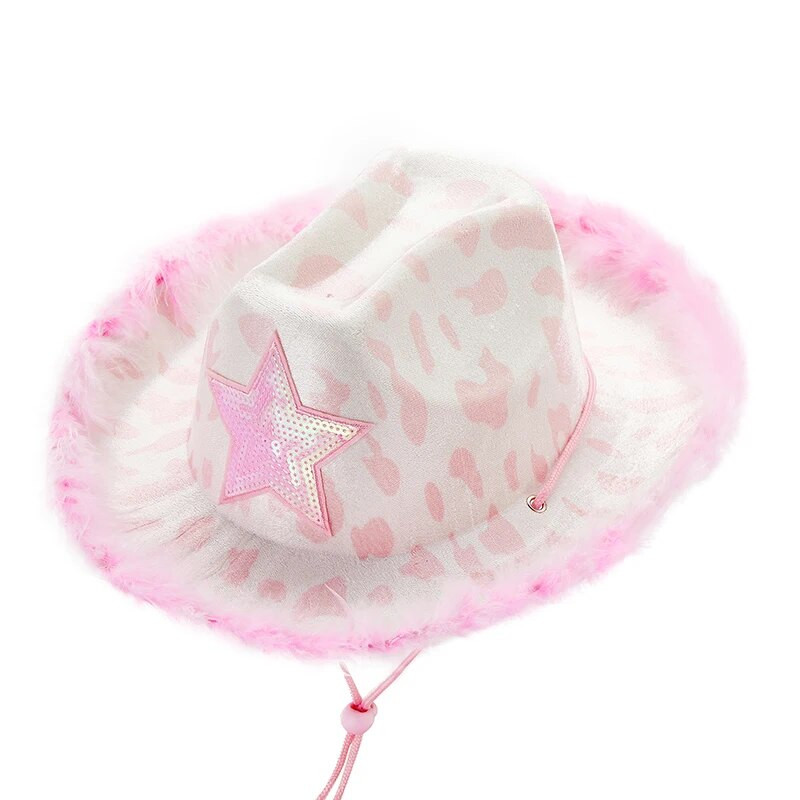 Moteriška kaubojiška kepurė Minkšta plačių kraštų blizgučiais puošta žvaigždžių plunksna Cowgirl kepurė Vakarinė kepurė klubo vakarėliui