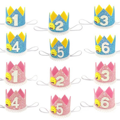 1Pcs 1 2 3 4 5 6 Year Birthday Crown Band Caps Baby Boy Girl Birthday Party Decor Hat Prince Priness Аксесоари за коса Консумативи