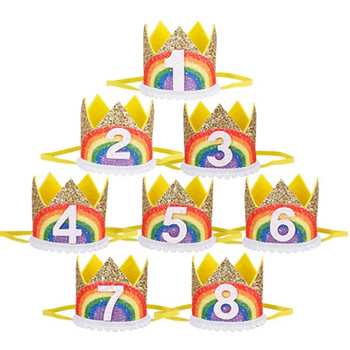 1Pcs Number Rainbow 1 2 3 4 5 6 7 8 Годишен рожден ден Корона лента за глава Шапка Момче Момиче Парти за 1-ви рожден ден Реквизит Капачки Юбилейни консумативи
