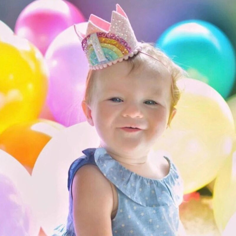 1Pcs Number Rainbow 1 2 3 4 5 6 7 8 Годишен рожден ден Корона лента за глава Шапка Момче Момиче Парти за 1-ви рожден ден Реквизит Капачки Юбилейни консумативи