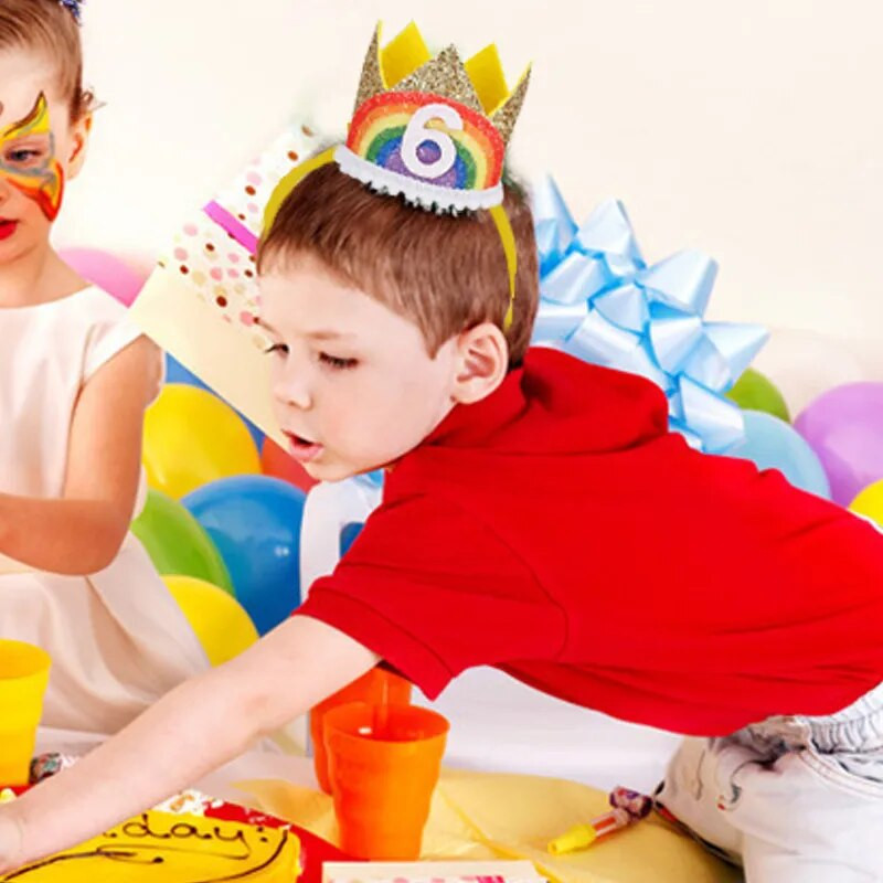 1Pcs Number Rainbow 1 2 3 4 5 6 7 8 Годишен рожден ден Корона лента за глава Шапка Момче Момиче Парти за 1-ви рожден ден Реквизит Капачки Юбилейни консумативи