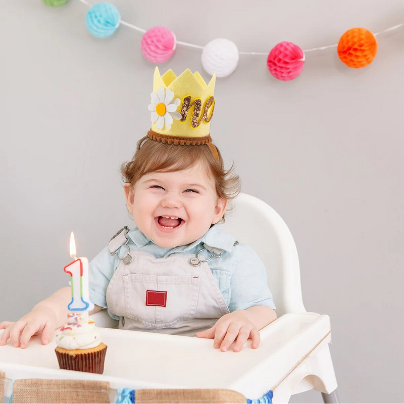 Plstená korunka Daisy Baby na 1. narodeniny, groovy, klobúčik s hippie prvú narodeninovú dekoráciu pre dievčatko, 1. narodeniny bábätka