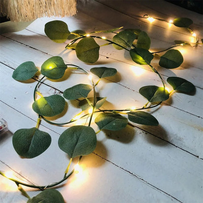 2M 20LED Green Leaf String Lights Изкуствено растение Приказни светлини Градинска гирлянда Декоративна висяща лампа за коледен декор на стая