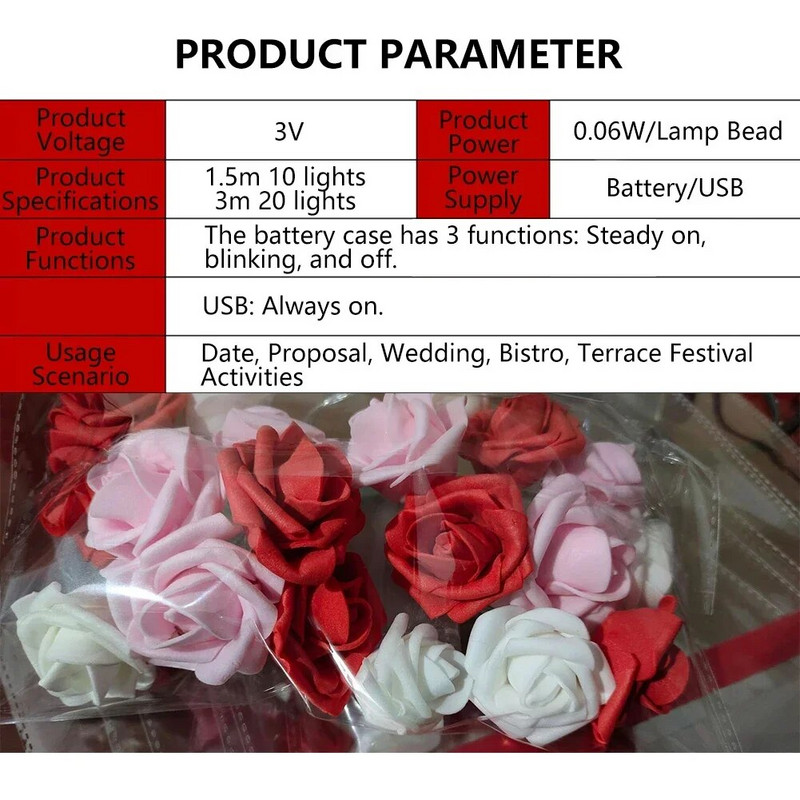 3M 20 LED svjetiljke s užetom od ruža Baterijski cvjetni vijenac Vilinska svjetla Dekoracija božićnih svatova za Valentinovo Božićna svjetla
