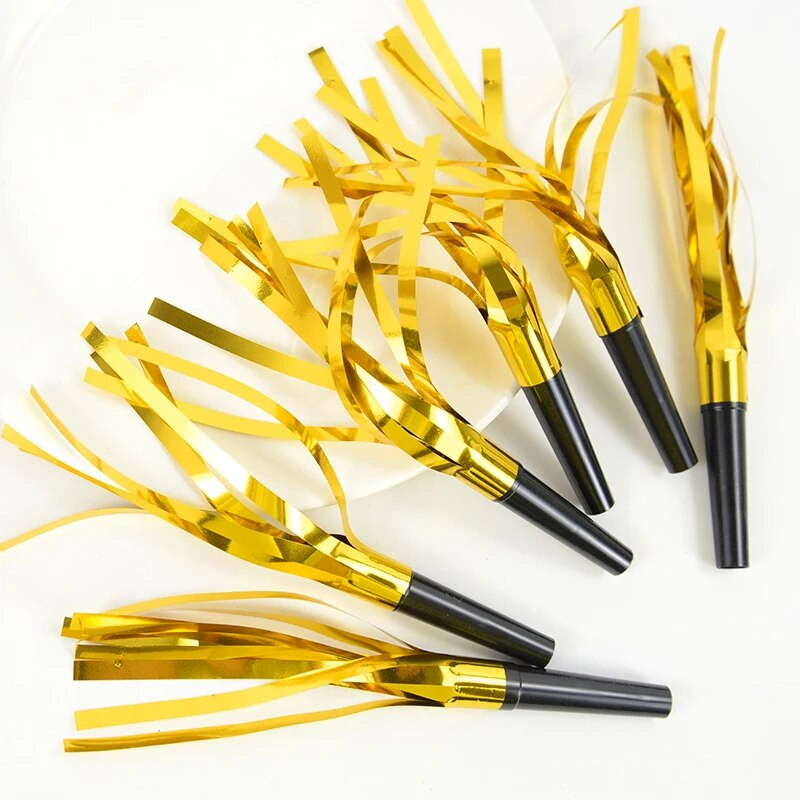 24 buc. Producători de zgomot din aur Fluieruri Fluieruri Producător de zgomot Fluier sclipici Metalic Produse de zgomot cu franjuri Rechizite pentru favoruri de petrecere Jucărie pentru copii