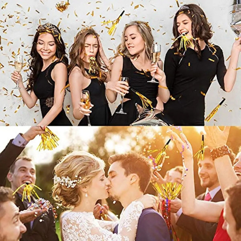 24 buc. Producători de zgomot din aur Fluieruri Fluieruri Producător de zgomot Fluier sclipici Metalic Produse de zgomot cu franjuri Rechizite pentru favoruri de petrecere Jucărie pentru copii