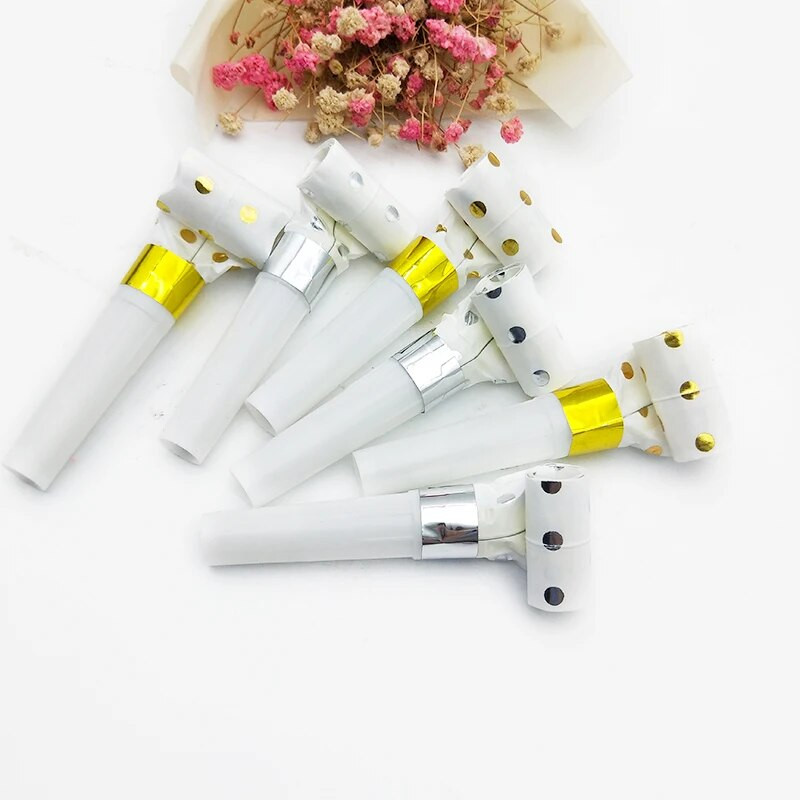 20 vnt folijos aukso/sidabro triukšmo kūrėjai žvaigždučių/taškų/juostelių pūtikliai švilpuko triukšmo kūrėjai, muzikiniai smūgiai vaikų gimtadienio vakarėliui