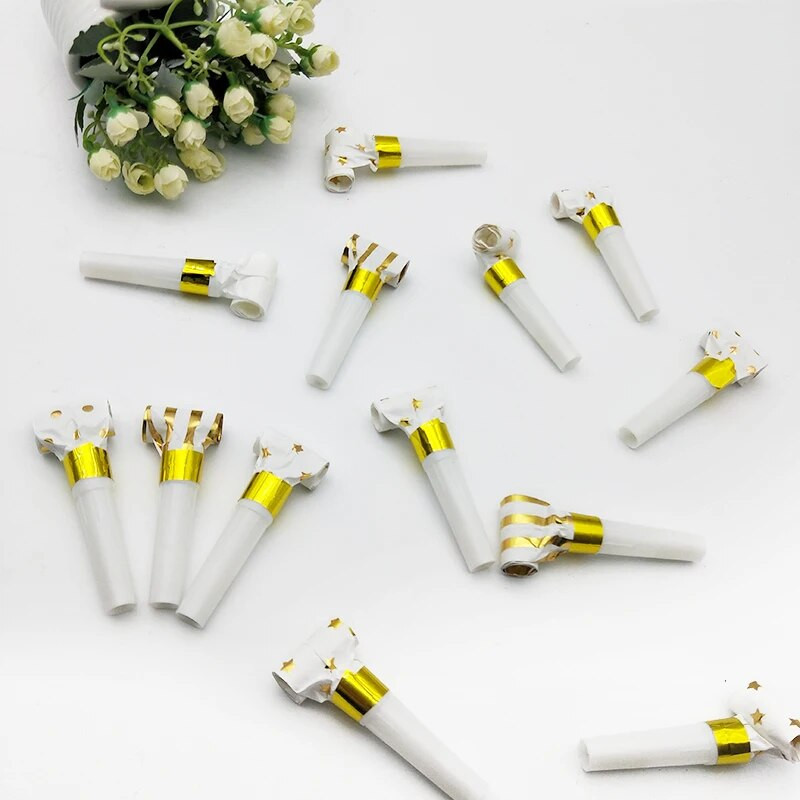 20 vnt folijos aukso/sidabro triukšmo kūrėjai žvaigždučių/taškų/juostelių pūtikliai švilpuko triukšmo kūrėjai, muzikiniai smūgiai vaikų gimtadienio vakarėliui