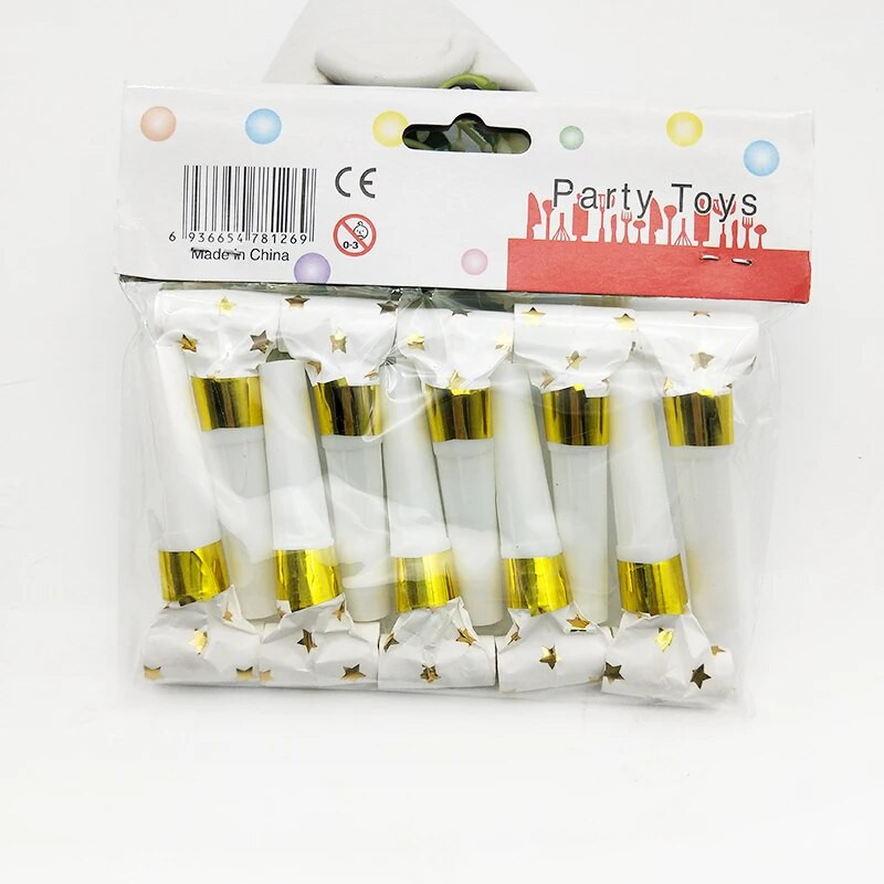 20 vnt folijos aukso/sidabro triukšmo kūrėjai žvaigždučių/taškų/juostelių pūtikliai švilpuko triukšmo kūrėjai, muzikiniai smūgiai vaikų gimtadienio vakarėliui