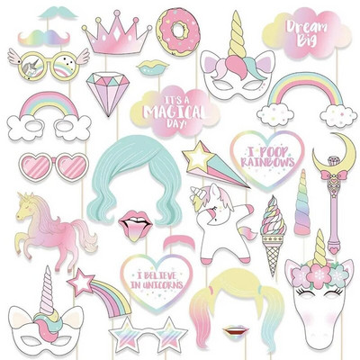 29 бр. Unicorn Photo Booth Подпори за момичета Деца Декорации за рожден ден на тема еднорог