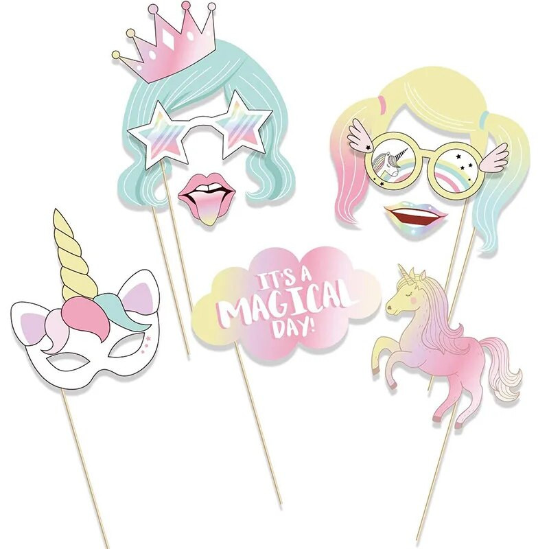 29 vnt Vienaragio nuotraukų būdelės rekvizitai mergaitėms Vaikams Vienaragio teminiai gimtadienio vakarėlio papuošimai