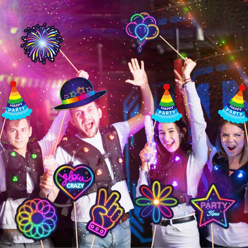 Glow Crazy Party Foto kabina Rekviziti Glazbeni klub Šareni grafiti Rođendanska zabava Smiješne naočale Usne Šešir DIY Photo Shoot Rekviziti Dekor