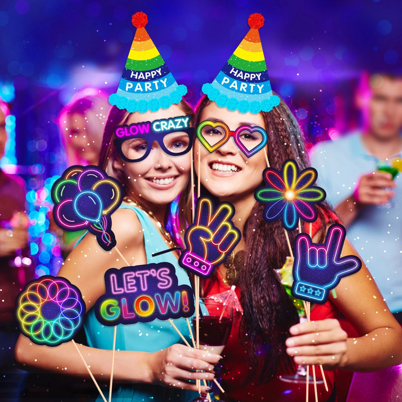Glow Crazy Party Foto kabina Rekviziti Glazbeni klub Šareni grafiti Rođendanska zabava Smiješne naočale Usne Šešir DIY Photo Shoot Rekviziti Dekor