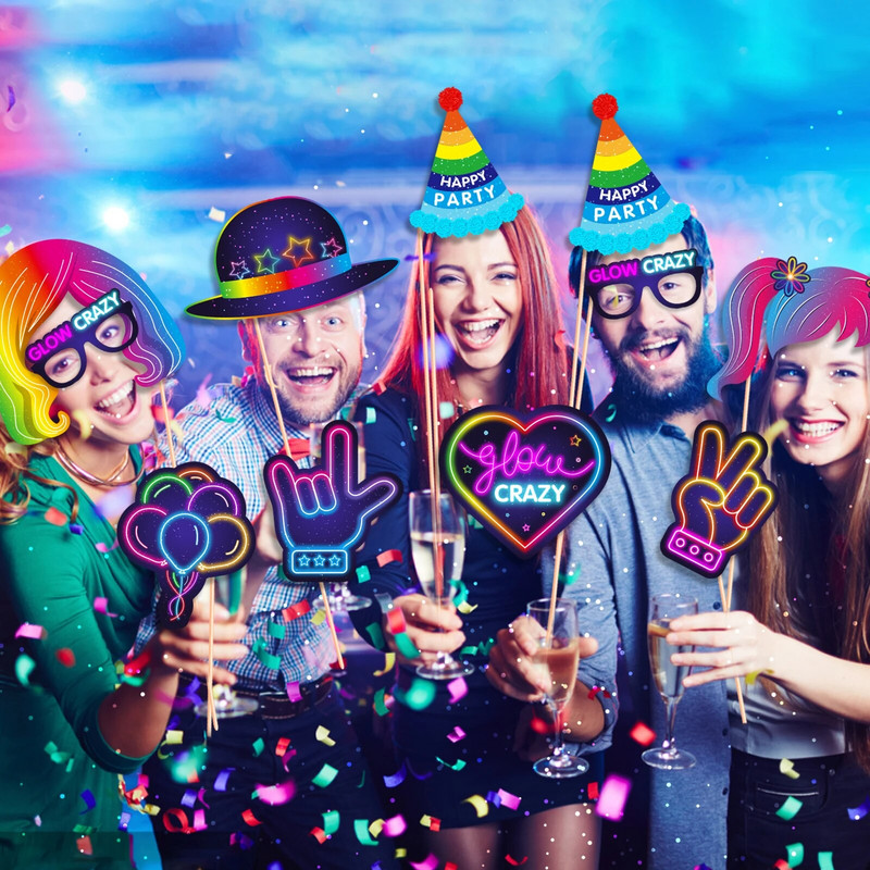 Glow Crazy Party Foto kabina Rekviziti Glazbeni klub Šareni grafiti Rođendanska zabava Smiješne naočale Usne Šešir DIY Photo Shoot Rekviziti Dekor