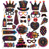 Linksmų Naujųjų Metų vakarėlis Nuotraukų būdelės rekvizitų papuošimas Linkėjimai Sveiki, 2024 m. fotokabinos rekvizitas akiniai Kaukės vakarėlio reikmenys