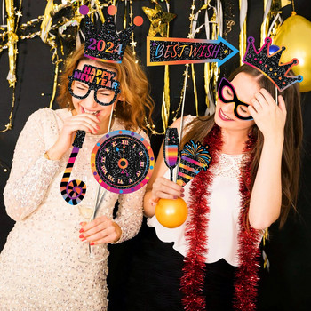 Αστεία Happy New Year Party Photo Booth Props Decoration Best Wish Cheers Hello 2024 Photobooth Prop Glasses Mask Party Supplies