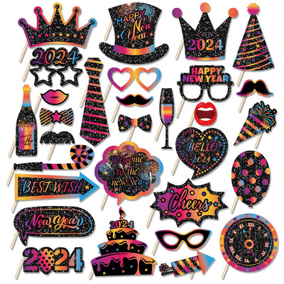 Linksmų Naujųjų Metų vakarėlis Nuotraukų būdelės rekvizitų papuošimas Linkėjimai Sveiki, 2024 m. fotokabinos rekvizitas akiniai Kaukės vakarėlio reikmenys