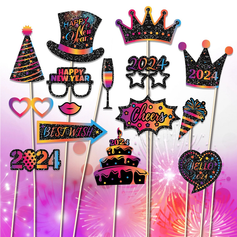 Linksmų Naujųjų Metų vakarėlis Nuotraukų būdelės rekvizitų papuošimas Linkėjimai Sveiki, 2024 m. fotokabinos rekvizitas akiniai Kaukės vakarėlio reikmenys