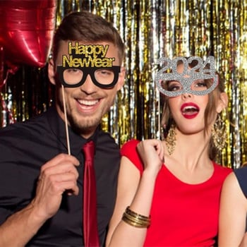 25 τμχ/σετ 2024 Happy New Year Paper Photo Booth Props Διακόσμηση Πρωτοχρονιάς Family Party Photobooth Props