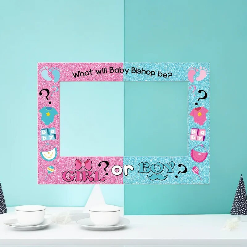 1 bucăți de amprente roz albastre care dezvăluie genul pentru bărbați și femei, cadru de hârtie de recuzită pentru fotografie pentru petrecerea de duș