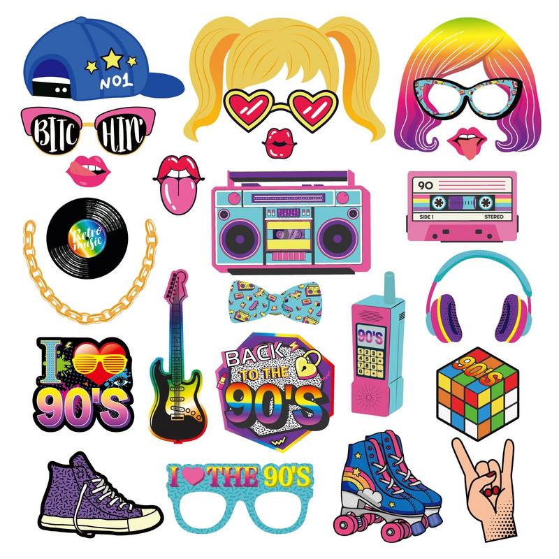 Juokingas grįžimas į 90-ųjų vakarėlį Foto būdelės rekvizitai Retro muzikos diskoteka Vaizdo įrašai Akiniai Kaukės Fotorekvizitai Gimtadienio reikmenys