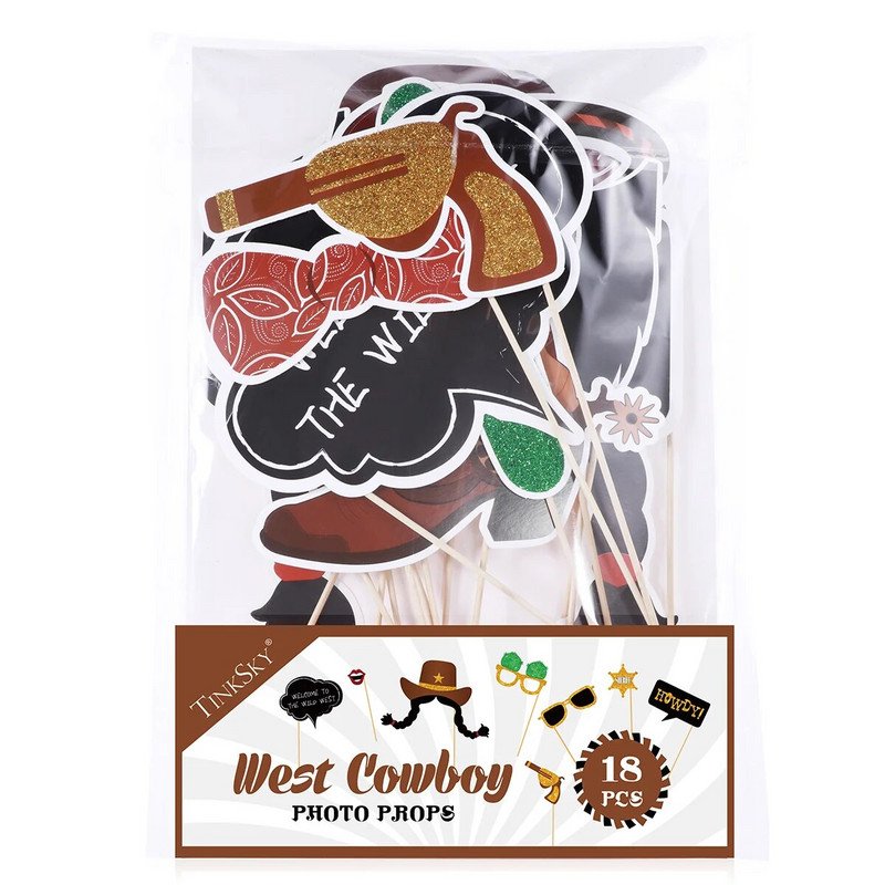 18 bucăți Wild West Western Photo Booth Props Petrecere cu bețe de lemn și Strike a Pose Sign