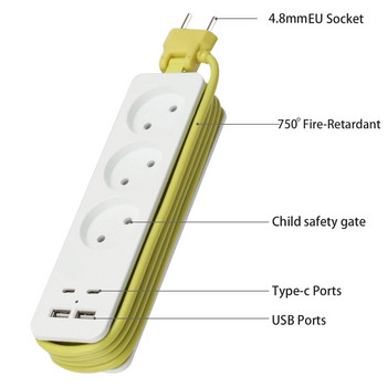 Захранващ разклонител EU Plug AC Outlet Patch Board с USB тип C портове Extender Multitap Преносим адаптер за пътуване Гнездо зарядно устройство.