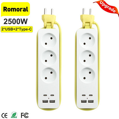 Power Strip EU Plug AC Outlet Patch Board With USB Type C Ports Extender Multitap Portable Travel Adapter Socket Charger.