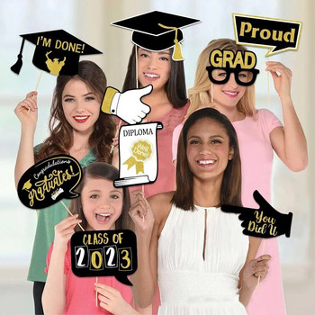 25 τμχ/σετ Congrate Graduation Selfie Photo Booth Props Χάρτινη θήκη για καπέλα Bachelor με ραβδί για το Class Of 2023 Graduation Reunion