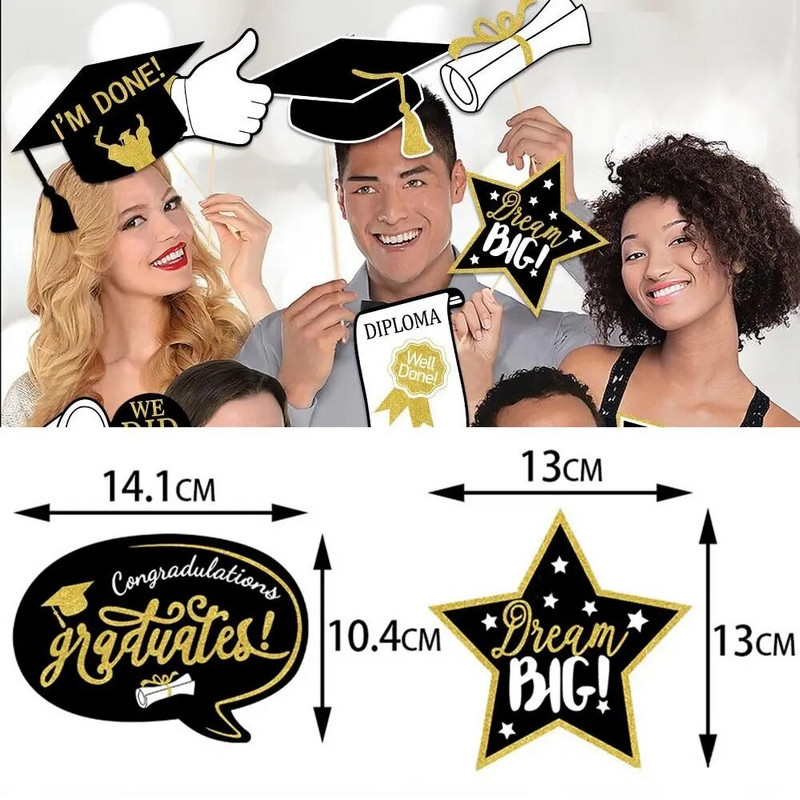 25 ks/sada blahoželaní k promócii, rekvizity na selfie fotobúdku, papierový držiak na bakalársku čiapku s paličkou pre stretnutie absolventov ročníka 2023