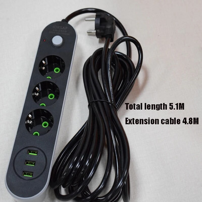 New 5M Cable 2 Round Pin EU RUS Plug Power Strip Switch Universal Outlets 3 USB Electrical Extension Cord Socket Network filter