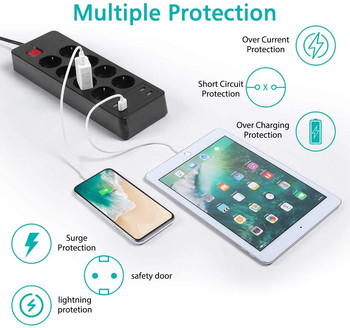 Πολύπριζο 4/6/8 Way Πρίζες εναλλασσόμενου ρεύματος ΕΕ Κορέα Ηλεκτρικό βύσμα Υποδοχή φορτιστή USB Adapter Surge Protector 1,5 m Extension Cord Home