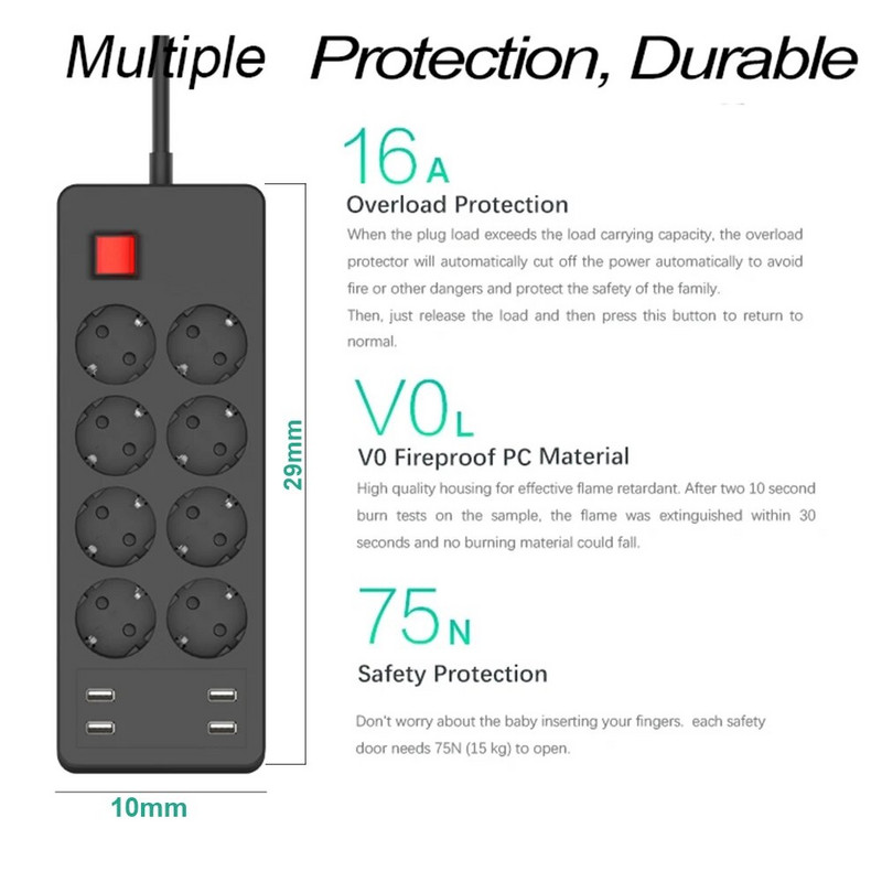 Razdjelnik 4/6/8 strujne utičnice za izmjeničnu struju EU Koreja Električna utičnica USB punjač Adapter Zaštita od prenapona 1,5 m Produžni kabel Početna