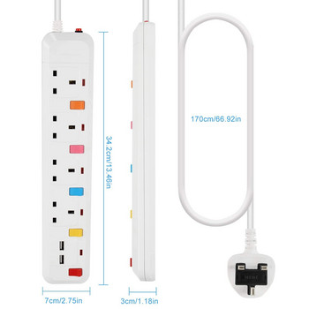 Множество захранващи разклонители Защита от пренапрежение Адаптер за електрически щепсел в Обединеното кралство 2 м удължителен кабел 4 банди/посоки 2 USB Монтиране с индивидуално превключване