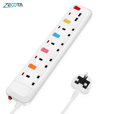 Mitme toiteriba liigpingekaitse Ühendkuningriigi elektripistiku adapter, 2 m pikendusjuhe, 4 rühma/tee 2 USB paigaldatav eraldi lülitatav