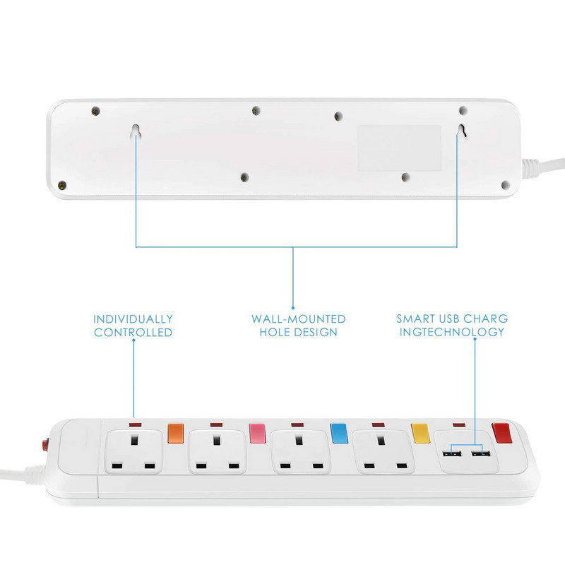Višestruka strujna traka Zaštita od prenapona UK adapter za električni utikač 2 m produžni kabel 4 grupe/smjera 2 USB montaža s pojedinačnim prekidačima