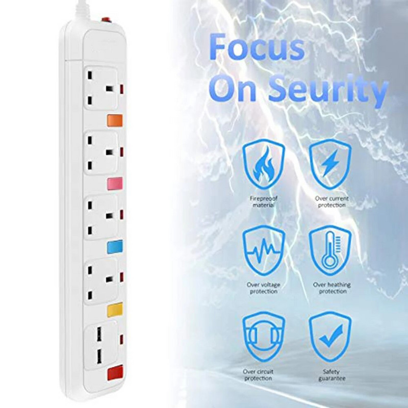 Višestruka strujna traka Zaštita od prenapona UK adapter za električni utikač 2 m produžni kabel 4 grupe/smjera 2 USB montaža s pojedinačnim prekidačima