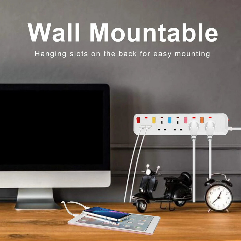 Višestruka strujna traka Zaštita od prenapona UK adapter za električni utikač 2 m produžni kabel 4 grupe/smjera 2 USB montaža s pojedinačnim prekidačima