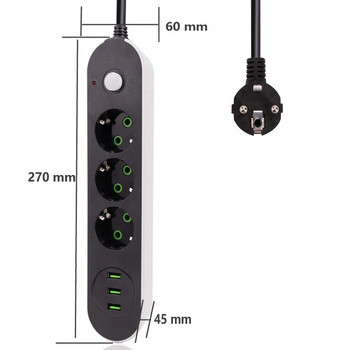 3 USB многопортови гнезда за зареждане 3 щепсела Превключвател за разклонител 5M/2M/1.4M кабел EU гнезда, подходящи за EU Plug електрически контакт