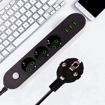 3 USB vairāku portu uzlādes ligzda 3 kontaktdakšas barošanas sloksnes slēdzis 5 M/2 M / 1,4 M kabelis ES izejas, piemērotas ES elektrības kontaktligzdai