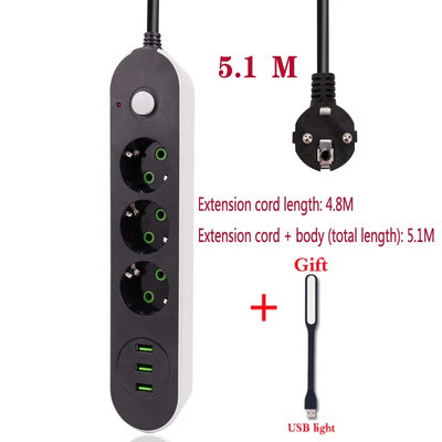 3 USB mitme pordiga laadimispesa 3 pistikuga toiteriba lüliti 5M/2M /1,4M kaabel EU-pistikupesad, mis sobivad EU-pistiku elektripistikupesaga