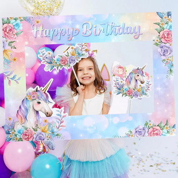 1 τμχ Παιδική κορνίζα με θέμα Unicorn Floral Unicorn Happy Birthday Party Photo Prop for Baby Shower Party Supplies