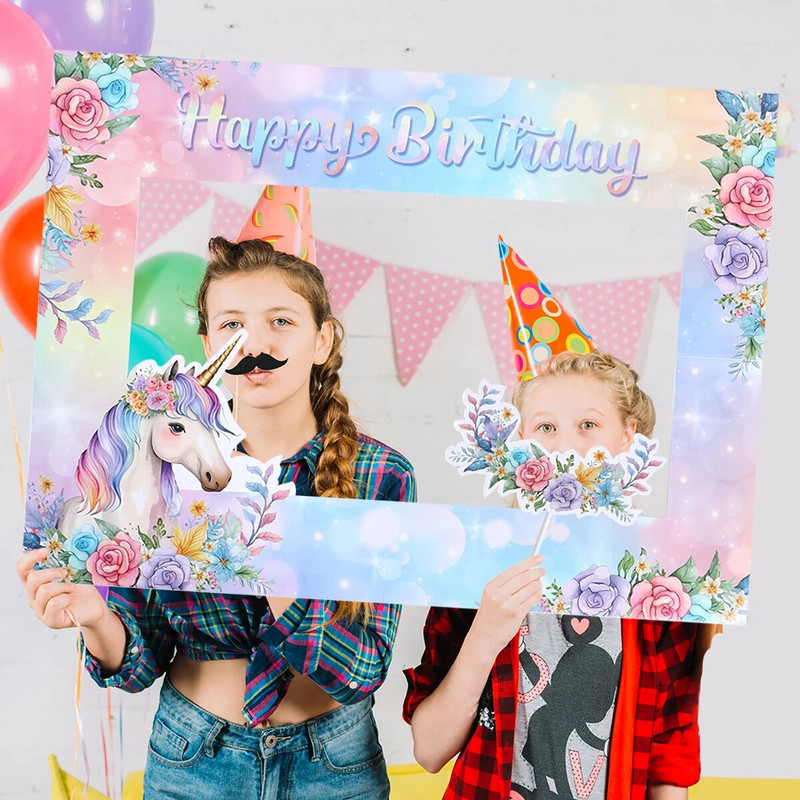 1 vnt Vienaragio temos nuotraukų rėmelis Vaikams mėgaukitės gėlėtais vienaragiais, popieriniais nuotraukų rekvizitais, skirtais kūdikių vakarėlio reikmenims