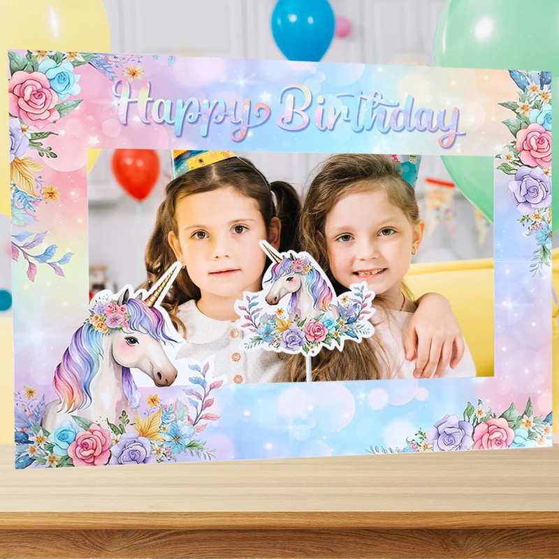 1 vnt Vienaragio temos nuotraukų rėmelis Vaikams mėgaukitės gėlėtais vienaragiais, popieriniais nuotraukų rekvizitais, skirtais kūdikių vakarėlio reikmenims