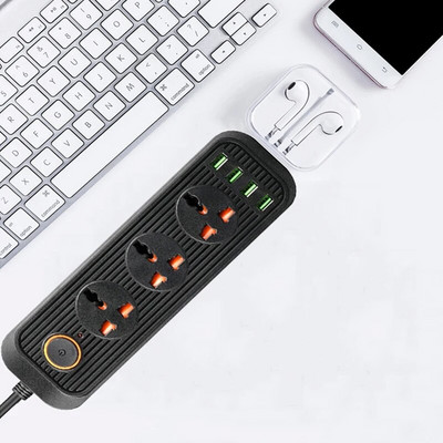 2 apaļas tapas EU RUS kontaktdakšas strāvas sloksnes slēdzis 1,8 M kabelis 3 Universālās kontaktligzdas 3 USB elektriskā pagarinātāja ligzdas tīkla filtrs